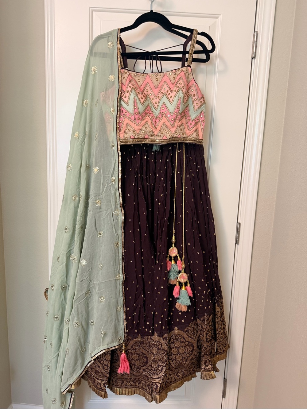 Embroidered Pink,Mint, Purple Lehenga Dress with Tassel Detail